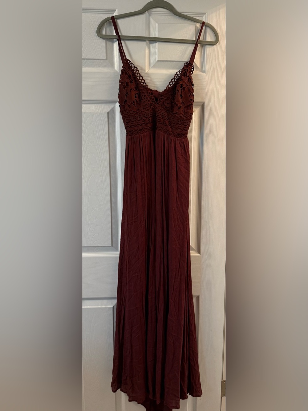 Lovely Day Burgundy Crochet Bodice Maxi Dress